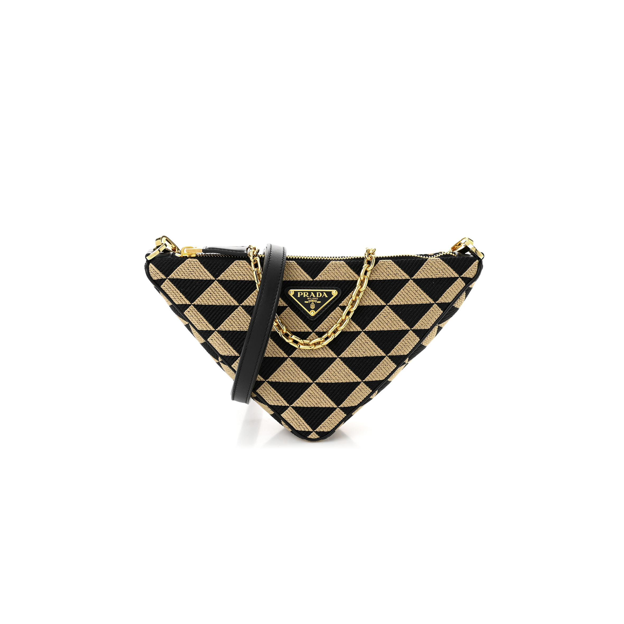 PRADA JACQUARD TRIANGOLO SYMBOLE EMBROIDERED MINI TRIANGLE BAG BLACK CORDA 1BC543 (27*14*6.5cm)